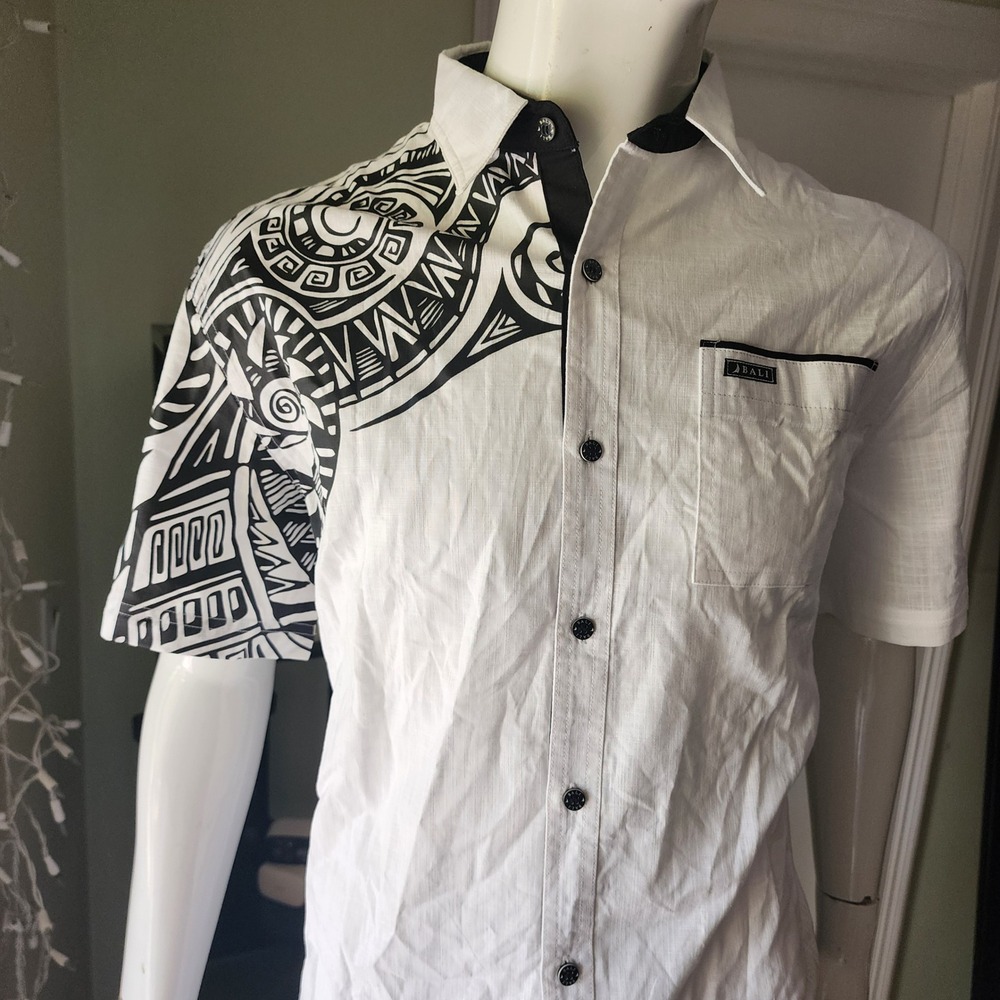 J Bali Mens White Tribal Graphic Print Short Sleeve Button Down Shirt Large